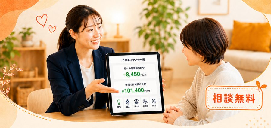 担当者がタブレットで提案プランの一例を案内している様子（相談無料）