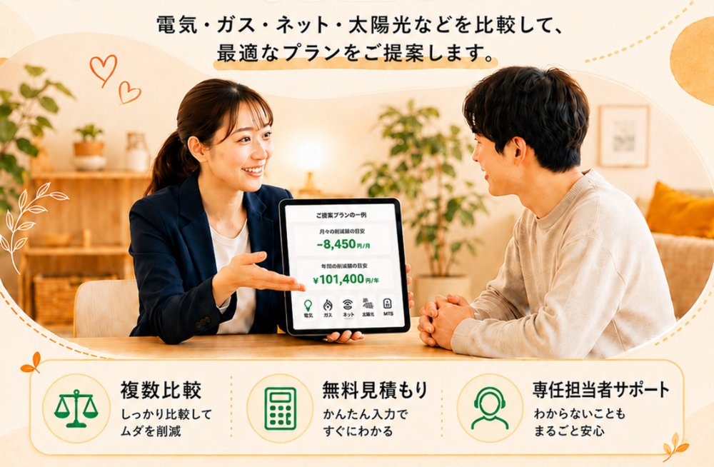 電気・ガス・ネット・太陽光などを比較して、最適なプランをご提案します。複数比較・無料見積もり・専任担当者サポート
